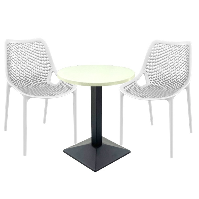 Masa Raki MAPLE 60x74cm cu baza metalica neagra si 2 scaune London Air albe , blat werzalit