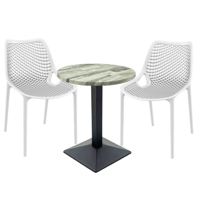 Masa Raki MAPLE 60x74cm cu baza metalica neagra si 2 scaune London Air albe , blat werzalit