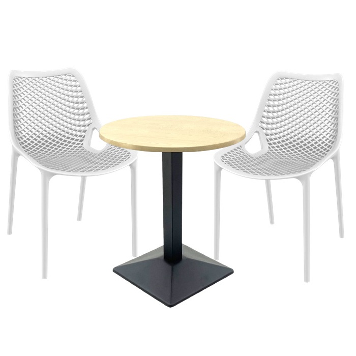 Masa Raki MAPLE 60x74cm cu baza metalica neagra si 2 scaune London Air albe , blat werzalit