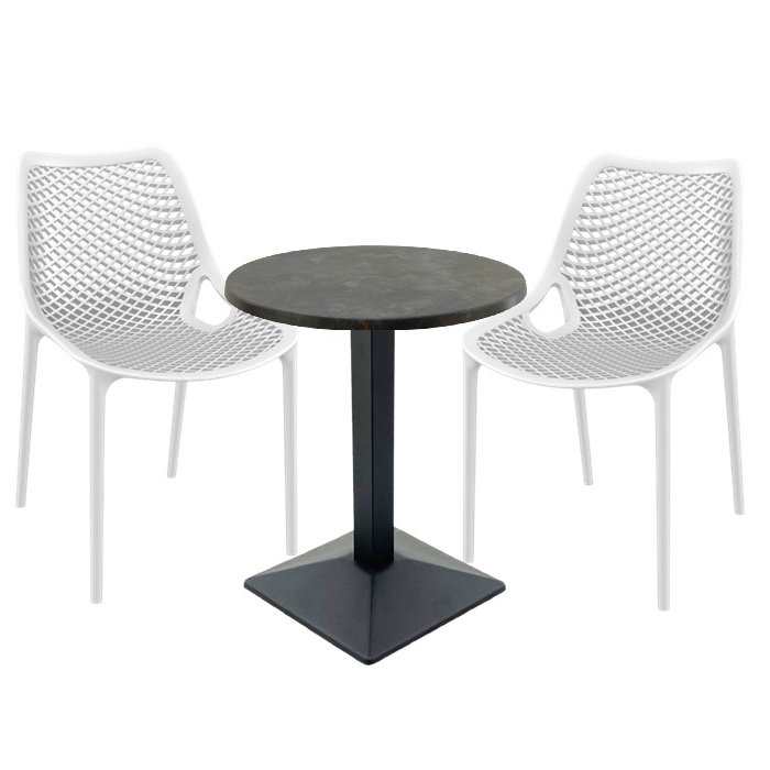 Masa Raki MAPLE 60x74cm cu baza metalica neagra si 2 scaune London Air albe , blat werzalit