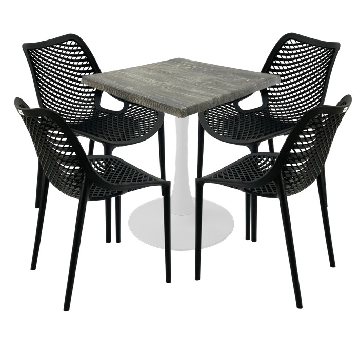 Masa Raki MAPLE 70x70x74cm blat werzalit, 4 scaune London Air negru suprapozabile, picior cu baza rotunda,alb