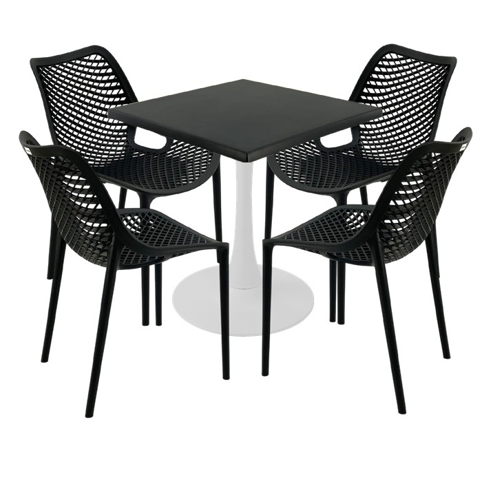 Masa Raki MAPLE 70x70x74cm blat werzalit, 4 scaune London Air negru suprapozabile, picior cu baza rotunda,alb