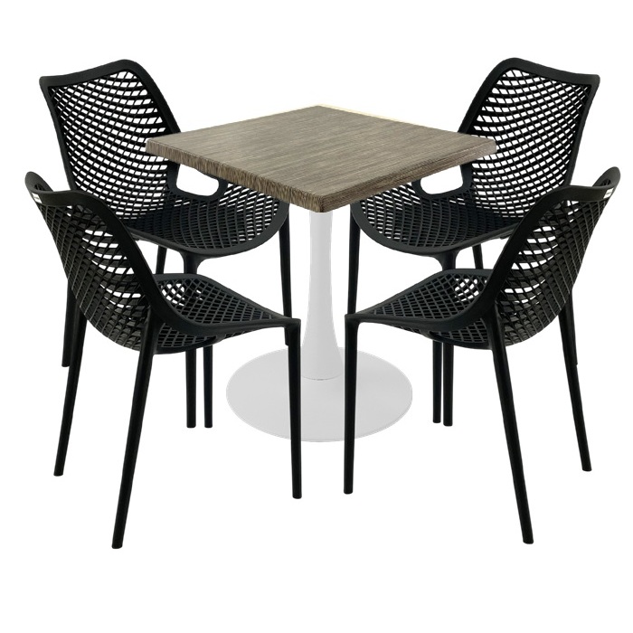 Masa Raki MAPLE 70x70x74cm blat werzalit, 4 scaune London Air negru suprapozabile, picior cu baza rotunda,alb