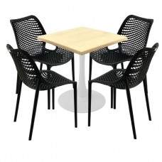 Masa Raki MAPLE 70x70x74cm blat werzalit, 4 scaune London Air negru suprapozabile, picior cu baza rotunda,alb