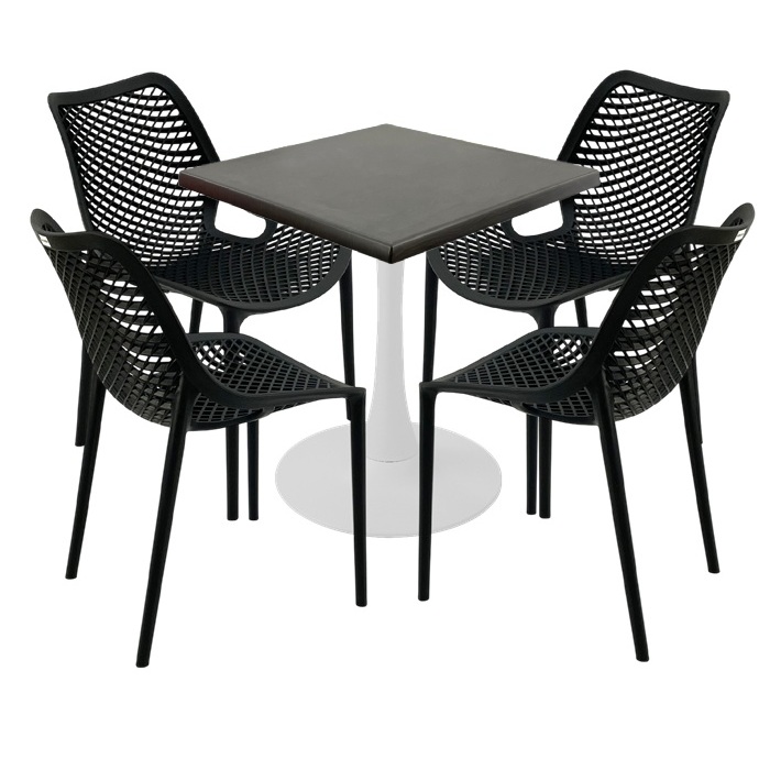 Masa Raki MAPLE 70x70x74cm blat werzalit, 4 scaune London Air negru suprapozabile, picior cu baza rotunda,alb