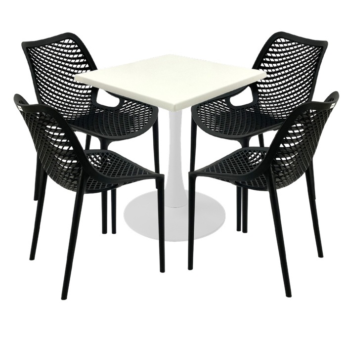 Masa Raki MAPLE 70x70x74cm blat werzalit, 4 scaune London Air negru suprapozabile, picior cu baza rotunda,alb