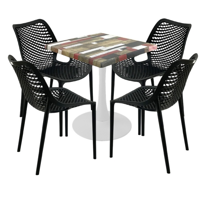 Masa Raki MAPLE 70x70x74cm blat werzalit, 4 scaune London Air negru suprapozabile, picior cu baza rotunda,alb