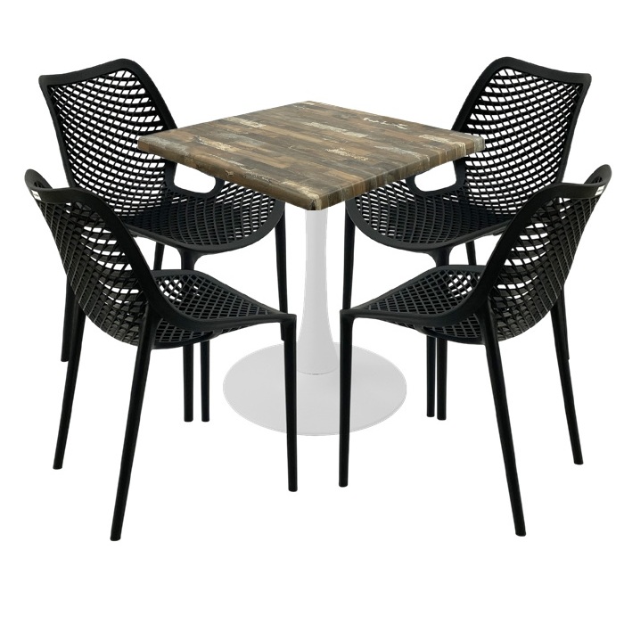 Masa Raki MAPLE 70x70x74cm blat werzalit, 4 scaune London Air negru suprapozabile, picior cu baza rotunda,alb
