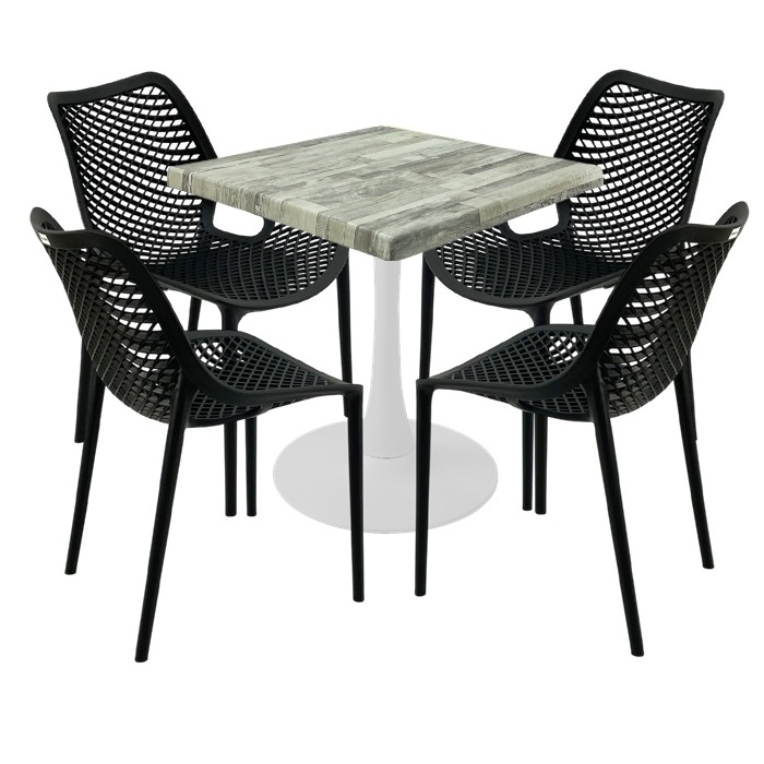 Masa Raki MAPLE 70x70x74cm blat werzalit, 4 scaune London Air negru suprapozabile, picior cu baza rotunda,alb