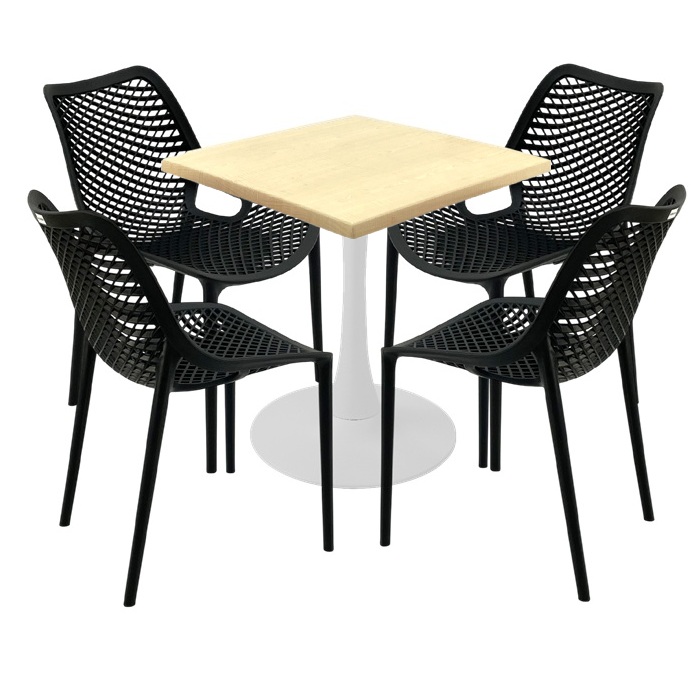 Masa Raki MAPLE 70x70x74cm blat werzalit, 4 scaune London Air negru suprapozabile, picior cu baza rotunda,alb