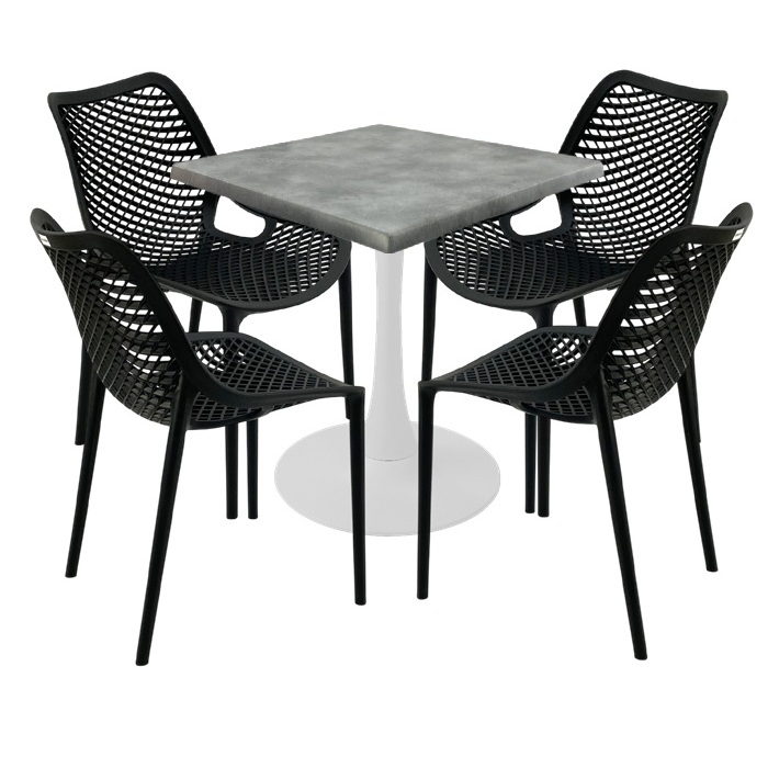Masa Raki MAPLE 70x70x74cm blat werzalit, 4 scaune London Air negru suprapozabile, picior cu baza rotunda,alb