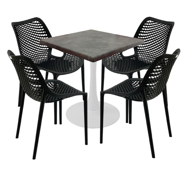 Masa Raki MAPLE 70x70x74cm blat werzalit, 4 scaune London Air negru suprapozabile, picior cu baza rotunda,alb