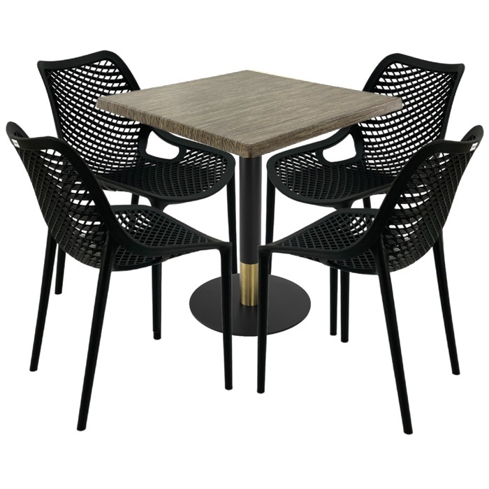 Masa Raki Maple 80x80x74cm blat werzalit, 4 scaune London Air negru suprapozabile, picior metalic,baza rotunda,negru/auriu