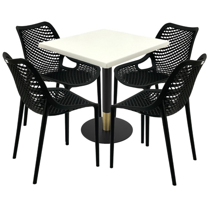 Masa Raki Maple 80x80x74cm blat werzalit, 4 scaune London Air negru suprapozabile, picior metalic,baza rotunda,negru/auriu