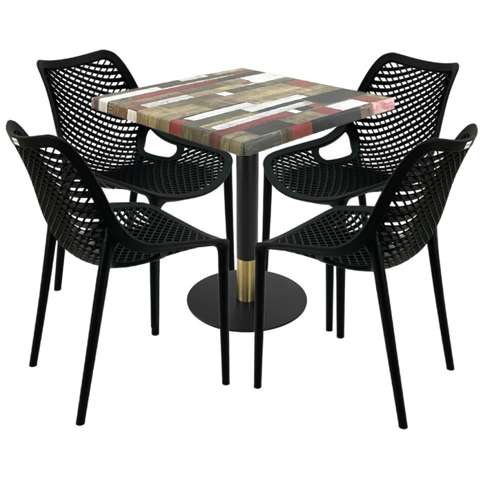 Masa Raki Maple 80x80x74cm blat werzalit, 4 scaune London Air negru suprapozabile, picior metalic,baza rotunda,negru/auriu