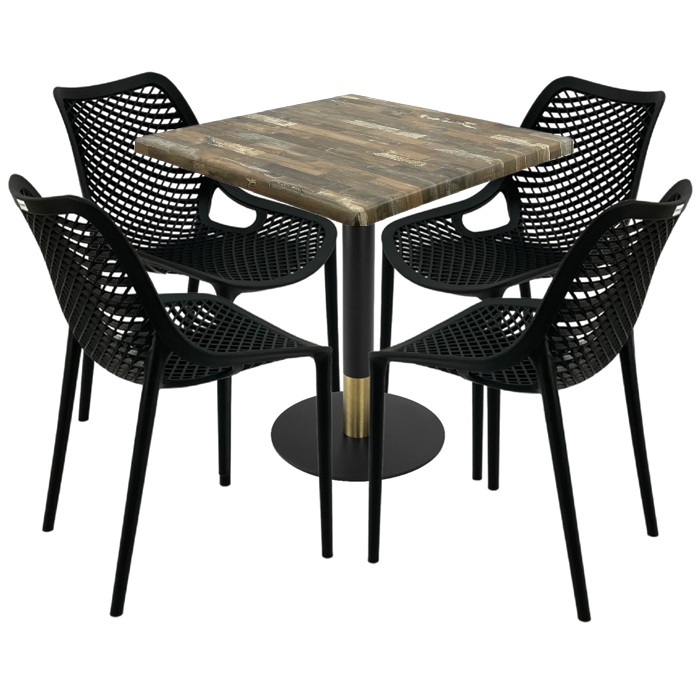 Masa Raki Maple 80x80x74cm blat werzalit, 4 scaune London Air negru suprapozabile, picior metalic,baza rotunda,negru/auriu