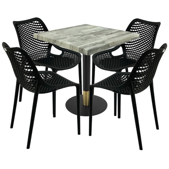 Masa Raki Maple 80x80x74cm blat werzalit, 4 scaune London Air negru suprapozabile, picior metalic,baza rotunda,negru/auriu