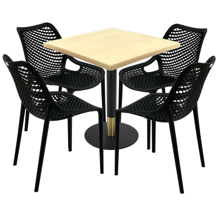 Masa Raki Maple 80x80x74cm blat werzalit, 4 scaune London Air negru suprapozabile, picior metalic,baza rotunda,negru/auriu