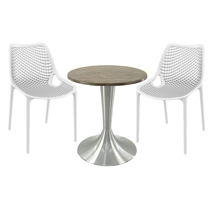 Masa Raki MAPLE blat werzalit 60x74cm, 2 scaune London Air albe, blat werzalit si picior aluminiu cu baza 50cm