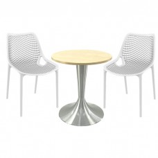 Masa Raki MAPLE blat werzalit 60x74cm, 2 scaune London Air albe, blat werzalit si picior aluminiu cu baza 50cm