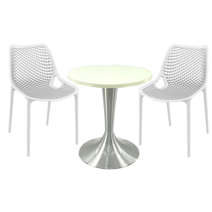 Masa Raki MAPLE blat werzalit 60x74cm, 2 scaune London Air albe, blat werzalit si picior aluminiu cu baza 50cm