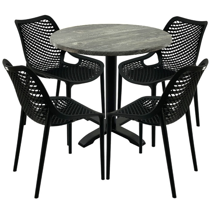 Masa rotunda 80x72cm Raki MAPLE blat werzalit, 4 scaune London Air negru suprapozabile, picior negru 