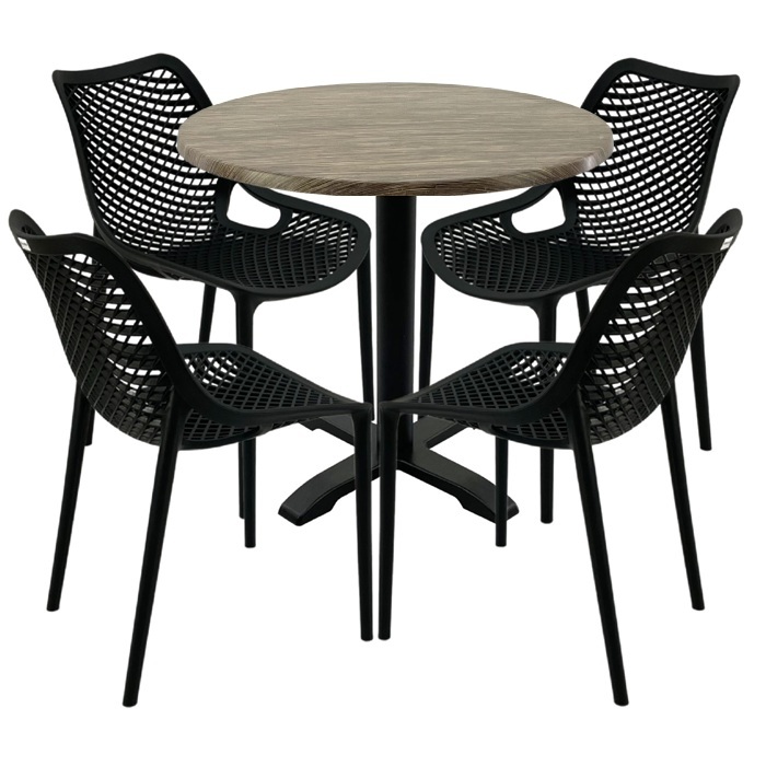 Masa rotunda 80x72cm Raki MAPLE blat werzalit, 4 scaune London Air negru suprapozabile, picior negru 