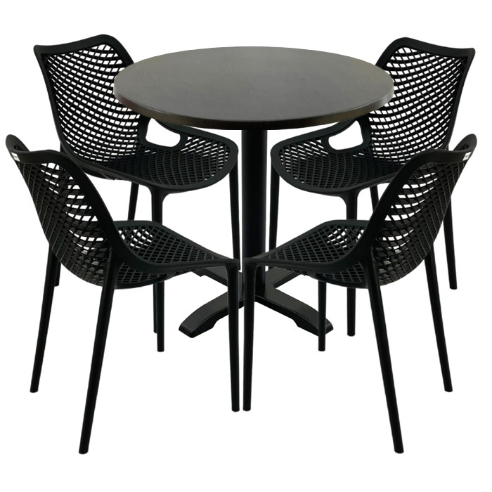 Masa rotunda 80x72cm Raki MAPLE blat werzalit, 4 scaune London Air negru suprapozabile, picior negru 