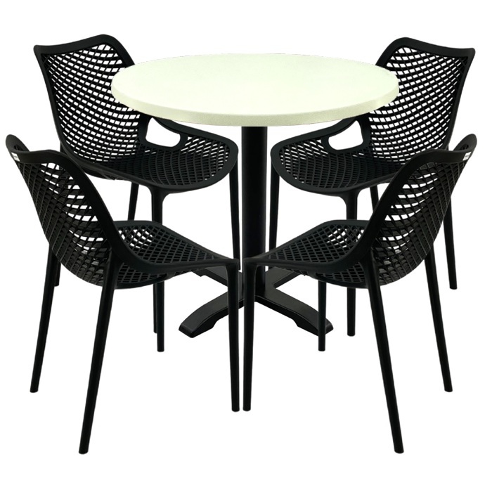 Masa rotunda 80x72cm Raki MAPLE blat werzalit, 4 scaune London Air negru suprapozabile, picior negru 