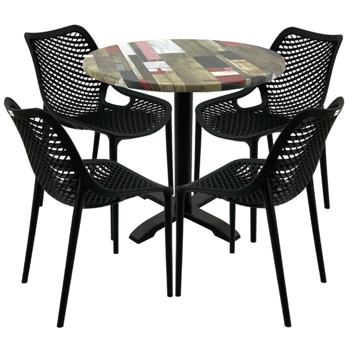 Masa rotunda 80x72cm Raki MAPLE blat werzalit, 4 scaune London Air negru suprapozabile, picior negru 