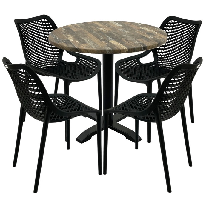 Masa rotunda 80x72cm Raki MAPLE blat werzalit, 4 scaune London Air negru suprapozabile, picior negru 