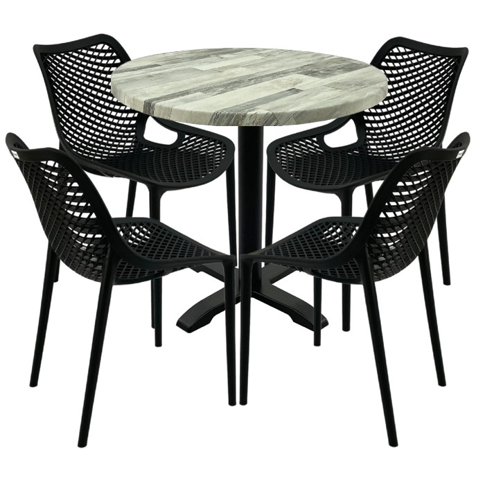 Masa rotunda 80x72cm Raki MAPLE blat werzalit, 4 scaune London Air negru suprapozabile, picior negru 