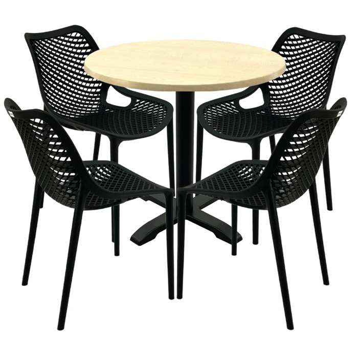 Masa rotunda 80x72cm Raki MAPLE blat werzalit, 4 scaune London Air negru suprapozabile, picior negru 