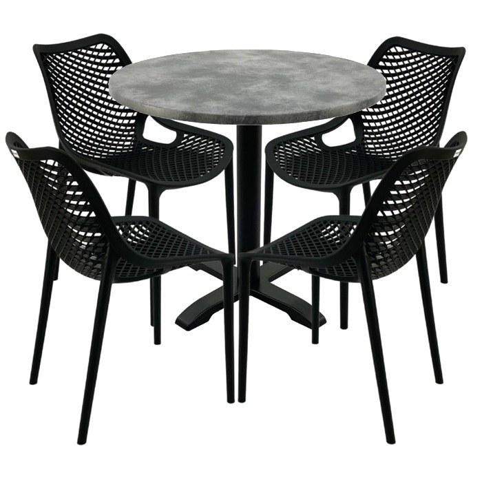 Masa rotunda 80x72cm Raki MAPLE blat werzalit, 4 scaune London Air negru suprapozabile, picior negru 