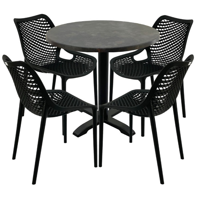 Masa rotunda 80x72cm Raki MAPLE blat werzalit, 4 scaune London Air negru suprapozabile, picior negru 