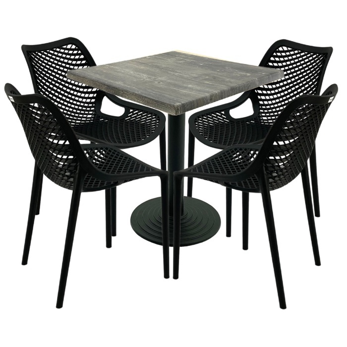 Mobila bar, 4 scaune London Air negru suprapozabile cu masa patrata 70x70x74cm Raki MAPLE blat werzalit si baza fonta 