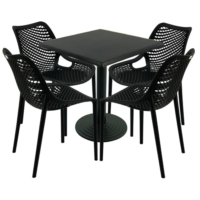 Mobila bar, 4 scaune London Air negru suprapozabile cu masa patrata 70x70x74cm Raki MAPLE blat werzalit si baza fonta 