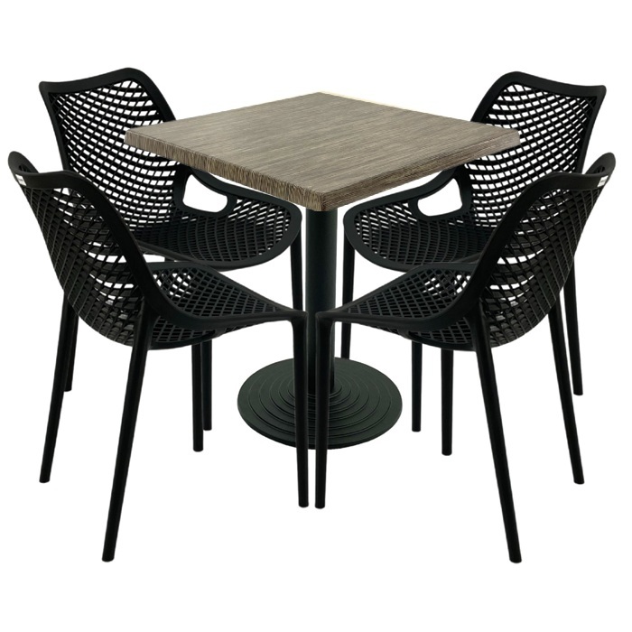Mobila bar, 4 scaune London Air negru suprapozabile cu masa patrata 70x70x74cm Raki MAPLE blat werzalit si baza fonta 