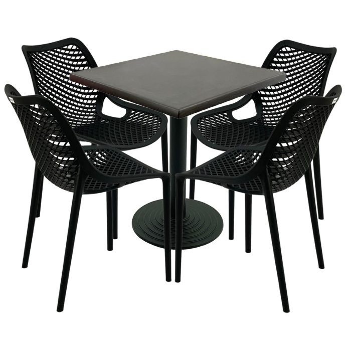 Mobila bar, 4 scaune London Air negru suprapozabile cu masa patrata 70x70x74cm Raki MAPLE blat werzalit si baza fonta 
