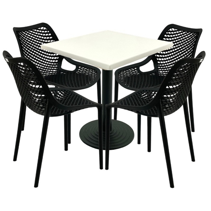 Mobila bar, 4 scaune London Air negru suprapozabile cu masa patrata 70x70x74cm Raki MAPLE blat werzalit si baza fonta 