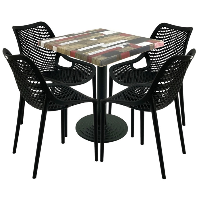 Mobila bar, 4 scaune London Air negru suprapozabile cu masa patrata 70x70x74cm Raki MAPLE blat werzalit si baza fonta 