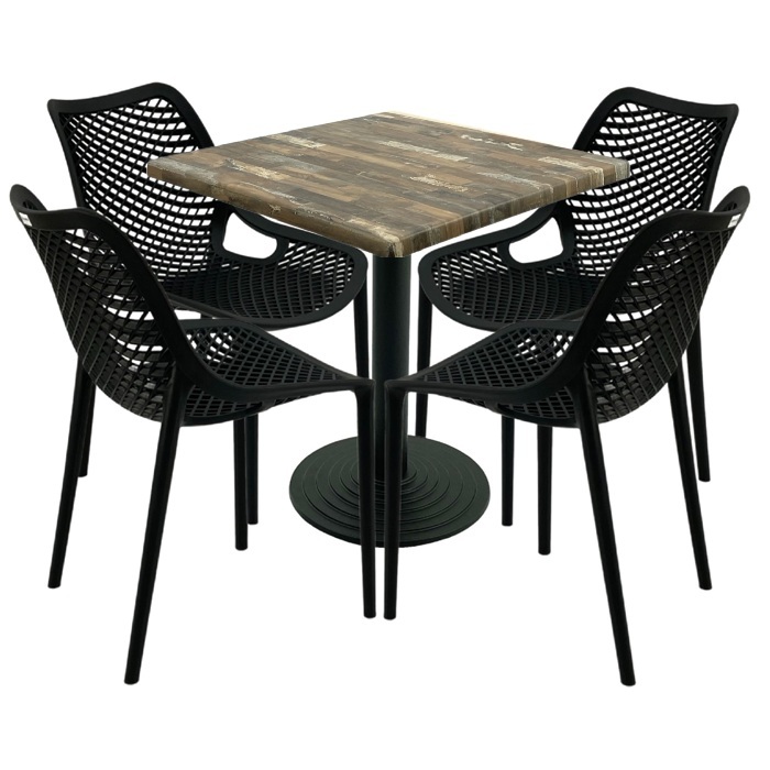 Mobila bar, 4 scaune London Air negru suprapozabile cu masa patrata 70x70x74cm Raki MAPLE blat werzalit si baza fonta 