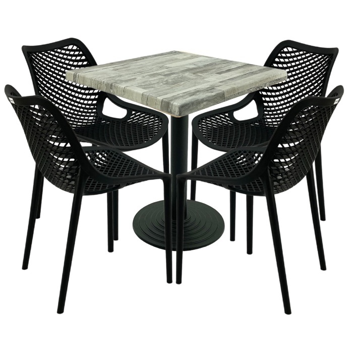 Mobila bar, 4 scaune London Air negru suprapozabile cu masa patrata 70x70x74cm Raki MAPLE blat werzalit si baza fonta 