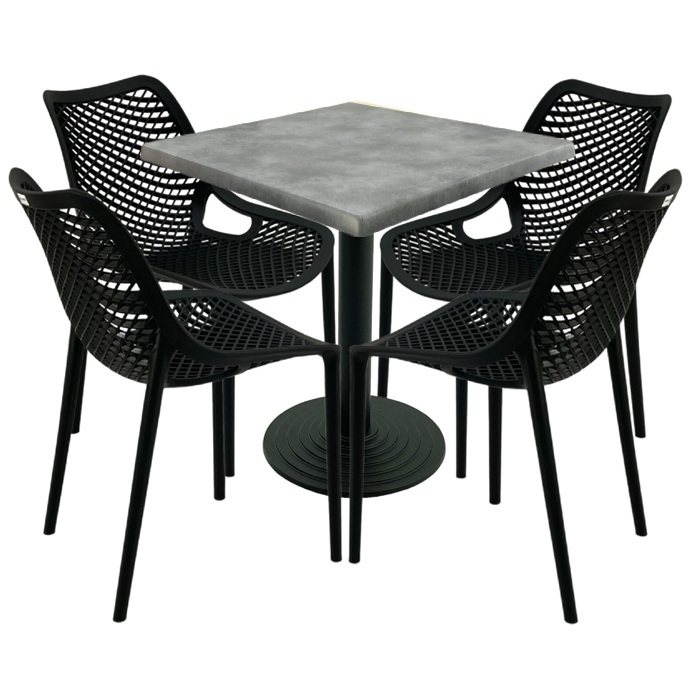 Mobila bar, 4 scaune London Air negru suprapozabile cu masa patrata 70x70x74cm Raki MAPLE blat werzalit si baza fonta 