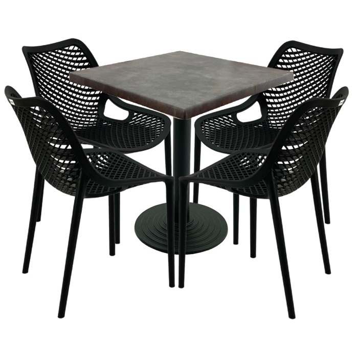 Mobila bar, 4 scaune London Air negru suprapozabile cu masa patrata 70x70x74cm Raki MAPLE blat werzalit si baza fonta 