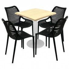 Mobila cafenea, 4 scaune London Air negru suprapozabile cu masa patrata 70x70x74cm Raki MAPLE blat werzalit si picior metalic alb