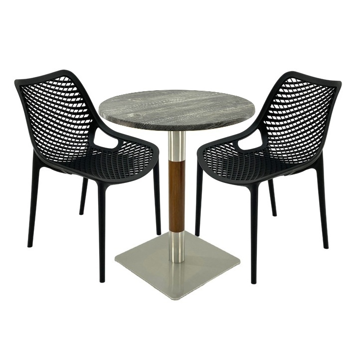 Mobila de cafenea, masa Raki Maple 70x72cm blat werzalit,2 scaune London Air negru suprapozabile , picior crom aspect lemn argintiu