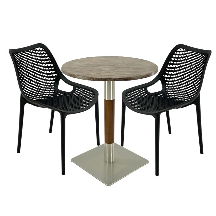 Mobila de cafenea, masa Raki Maple 70x72cm blat werzalit,2 scaune London Air negru suprapozabile , picior crom aspect lemn argintiu