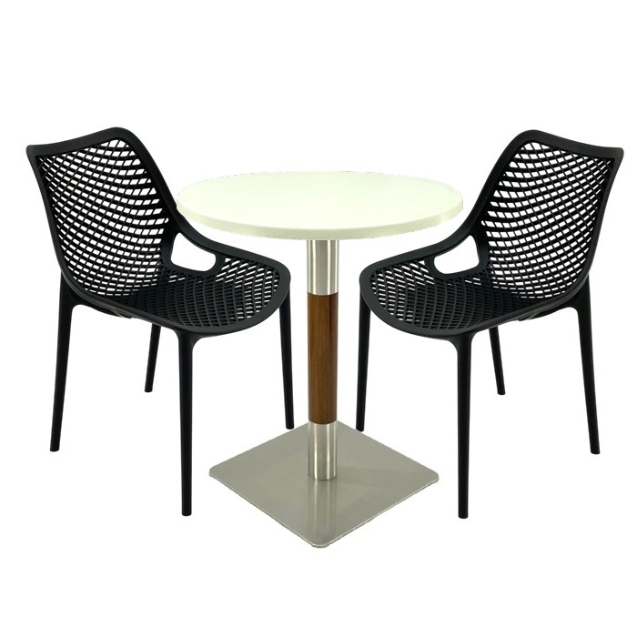 Mobila de cafenea, masa Raki Maple 70x72cm blat werzalit,2 scaune London Air negru suprapozabile , picior crom aspect lemn argintiu