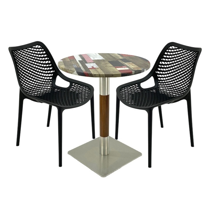 Mobila de cafenea, masa Raki Maple 70x72cm blat werzalit,2 scaune London Air negru suprapozabile , picior crom aspect lemn argintiu